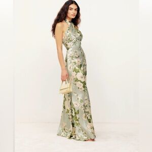 NWOT Reformation green silk floral dress. Work once. No damage.